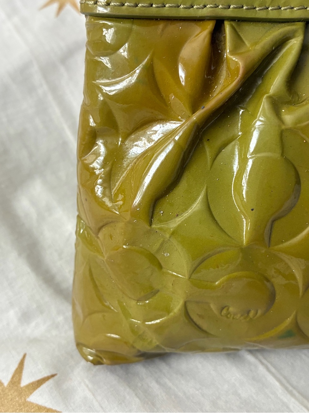 Coach Embossed Logo Patent Leather Wristlet Olive Green - Picture 12 of 14